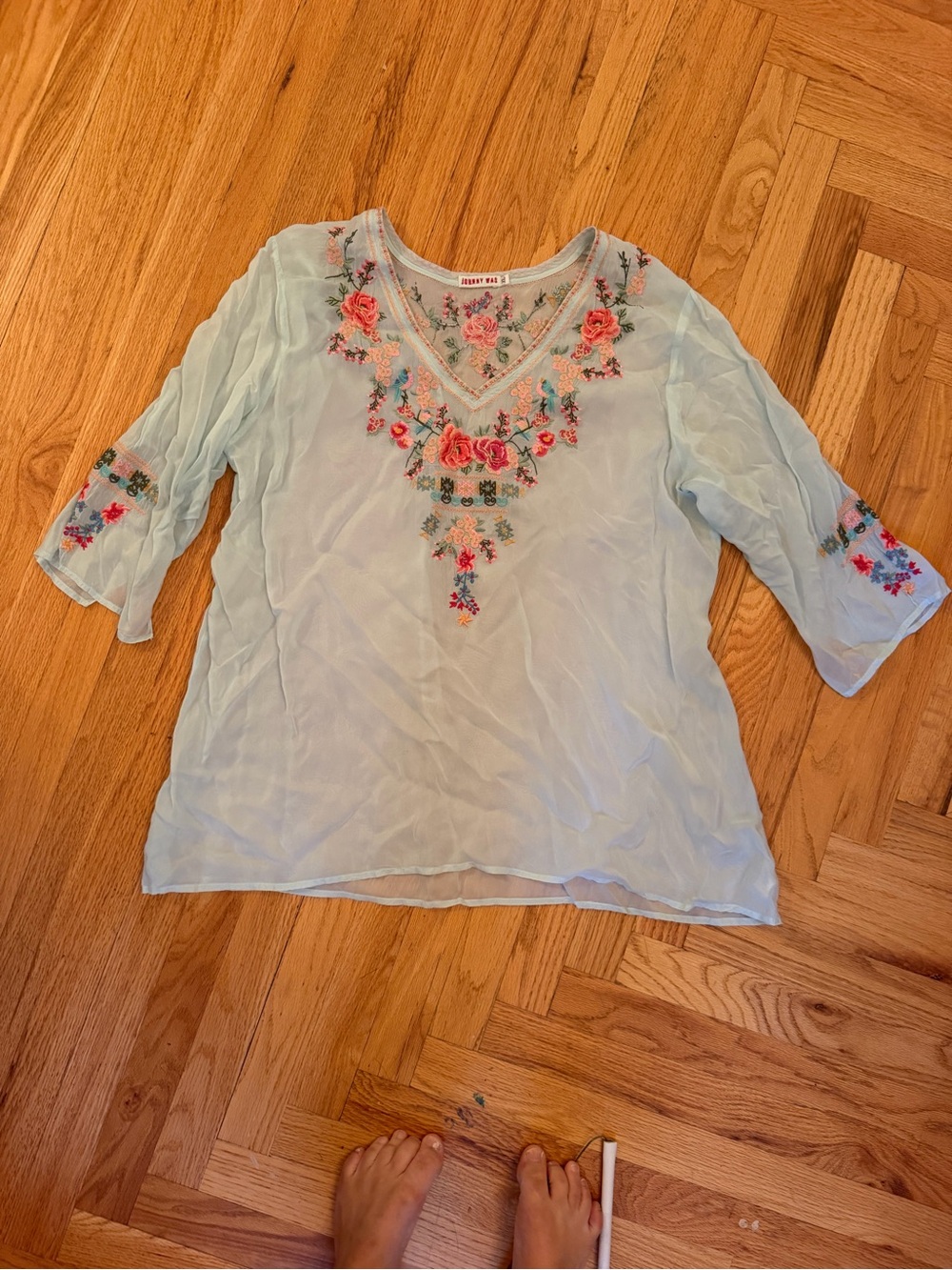 Johnny Was Pale Blue Sheer Embroidered V-Neck Blouse